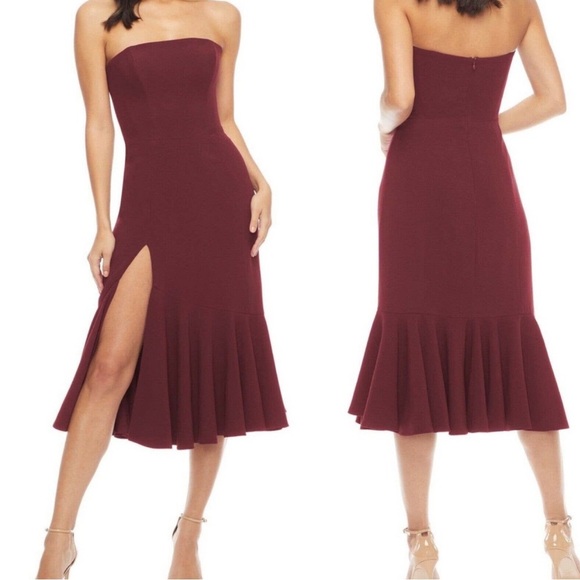 Dress the Population Madison Strapless Midi Dress Maroon Side Slit Medium - Picture 1 of 8